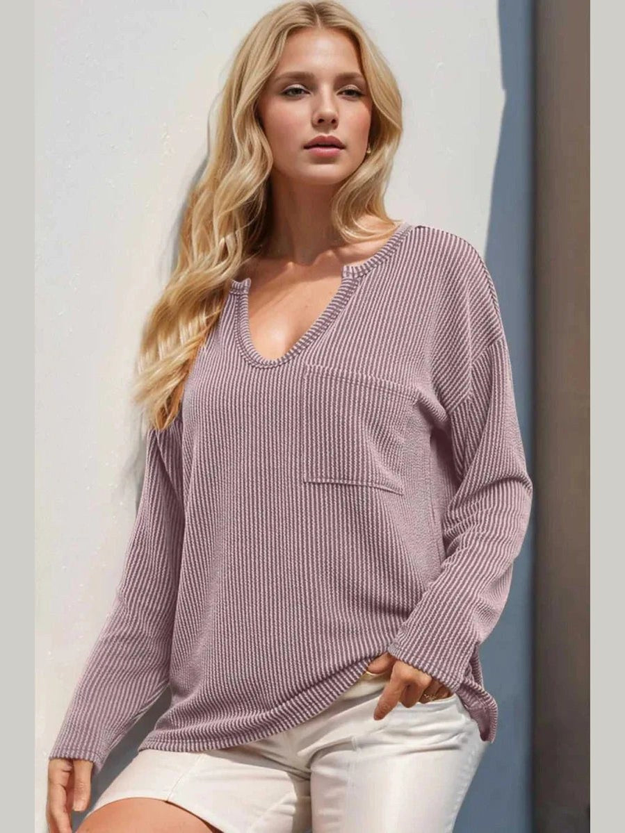 Double Take Striped Notched Long Sleeve T-Shirt -- 