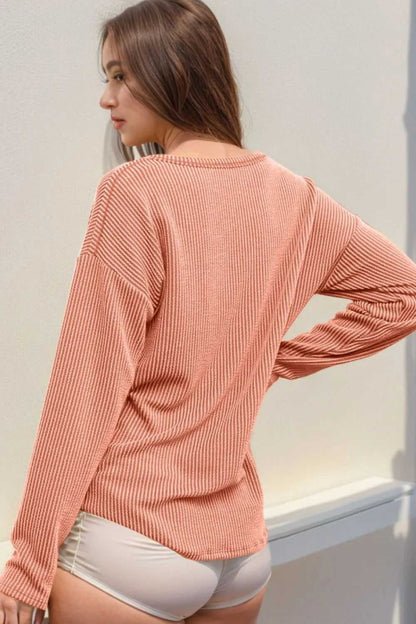 Double Take Striped Notched Long Sleeve T-Shirt - Hopeford Streams