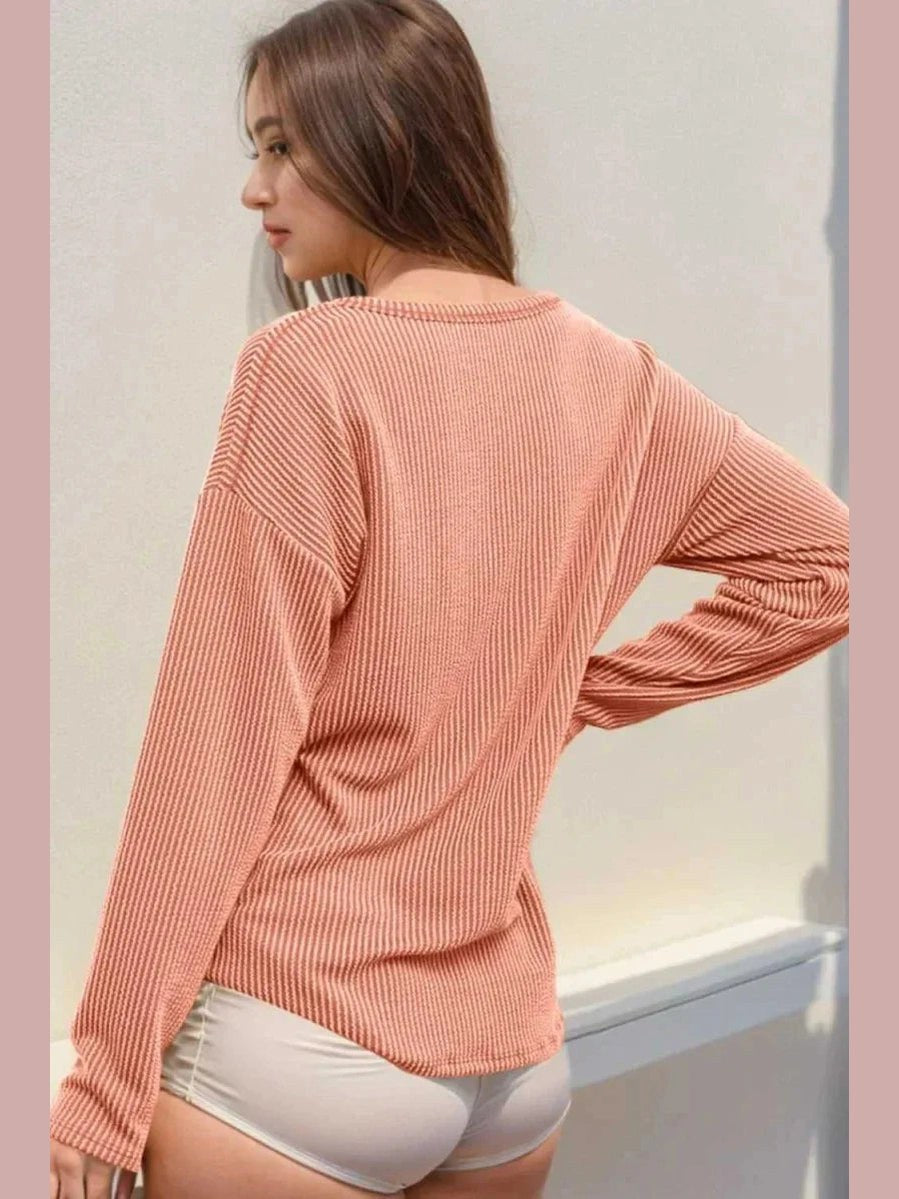 Double Take Striped Notched Long Sleeve T-Shirt -- 