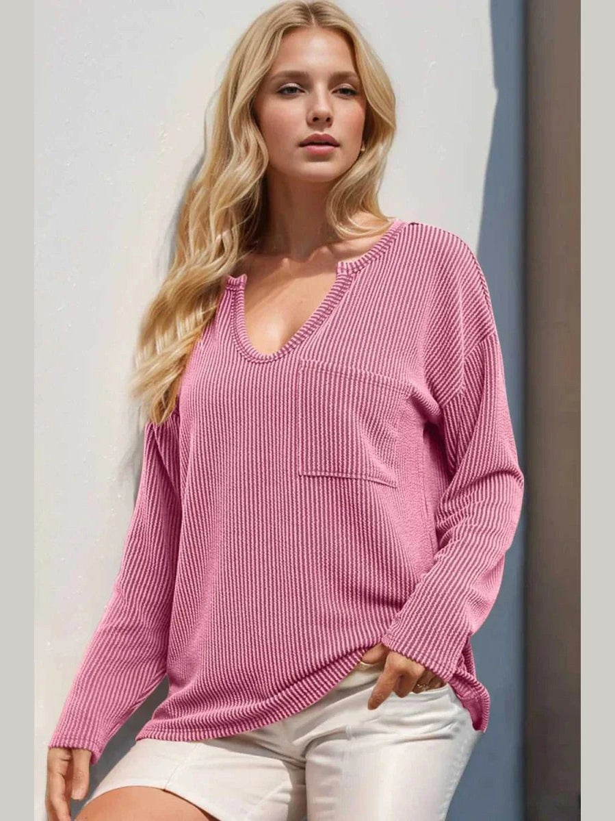Double Take Striped Notched Long Sleeve T-Shirt -- 
