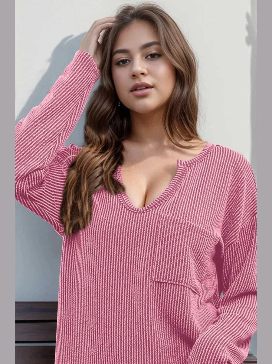 Double Take Striped Notched Long Sleeve T-Shirt -- 