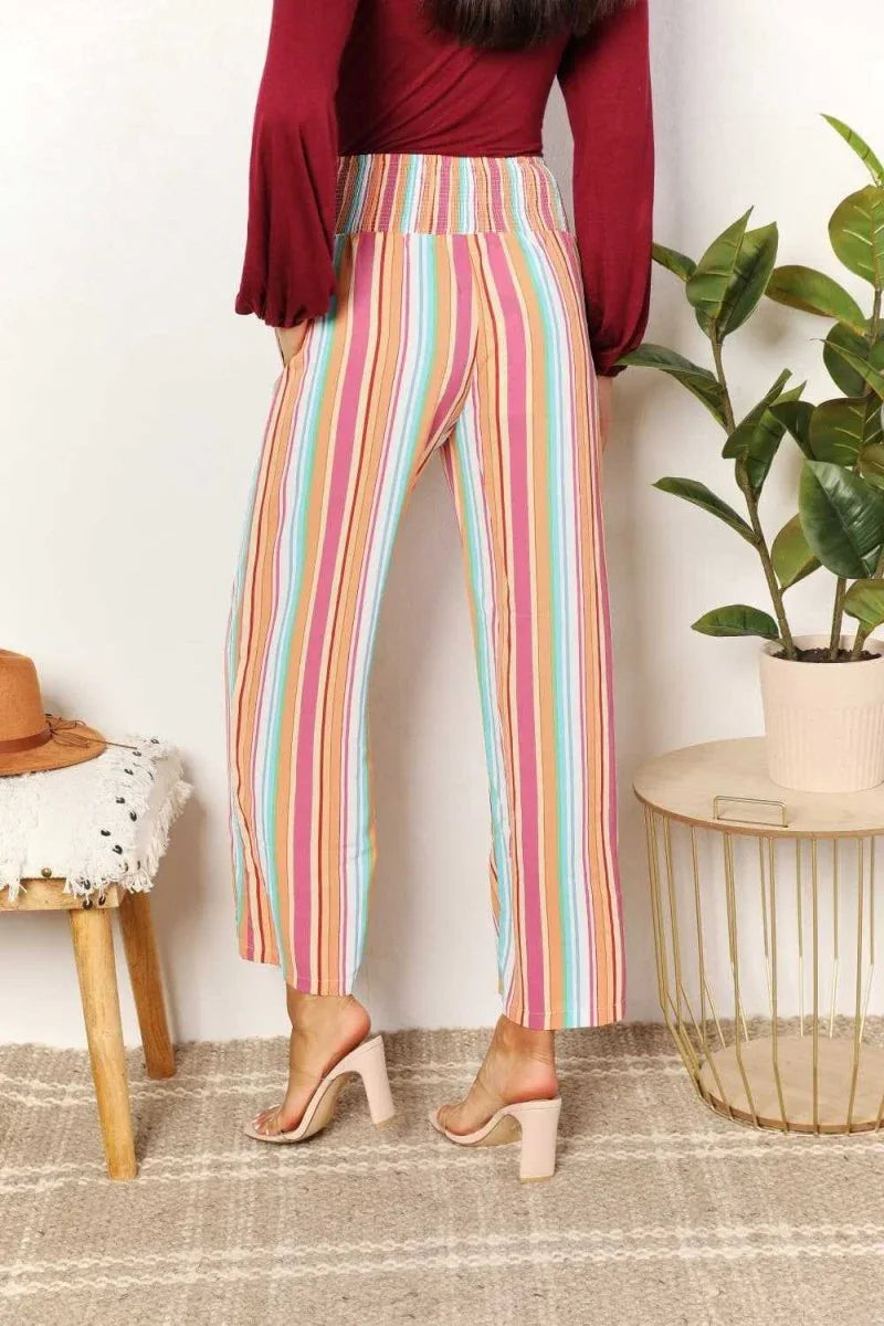 Double Take Striped Smocked Waist Pants with Pockets -- 