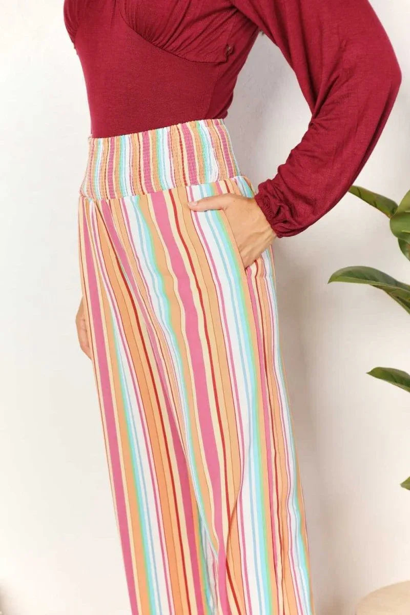 Double Take Striped Smocked Waist Pants with Pockets -- 