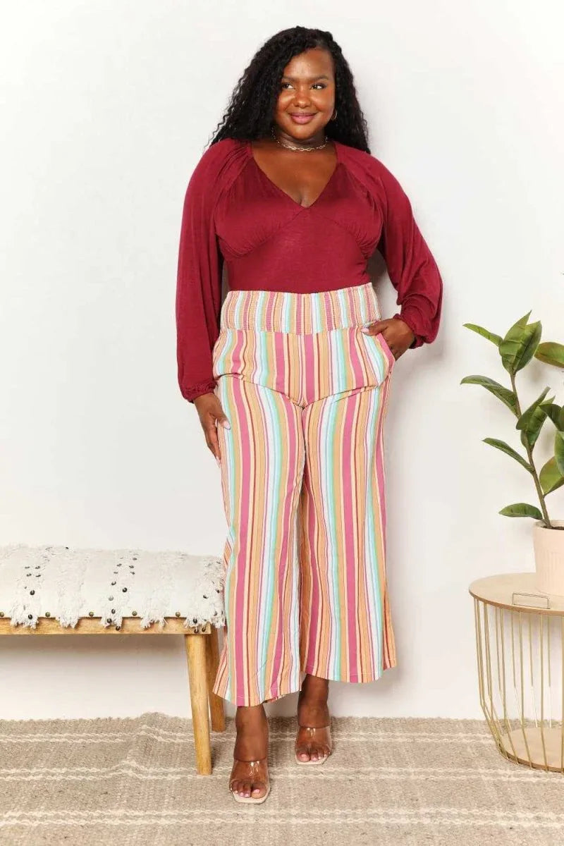 Double Take Striped Smocked Waist Pants with Pockets -- 