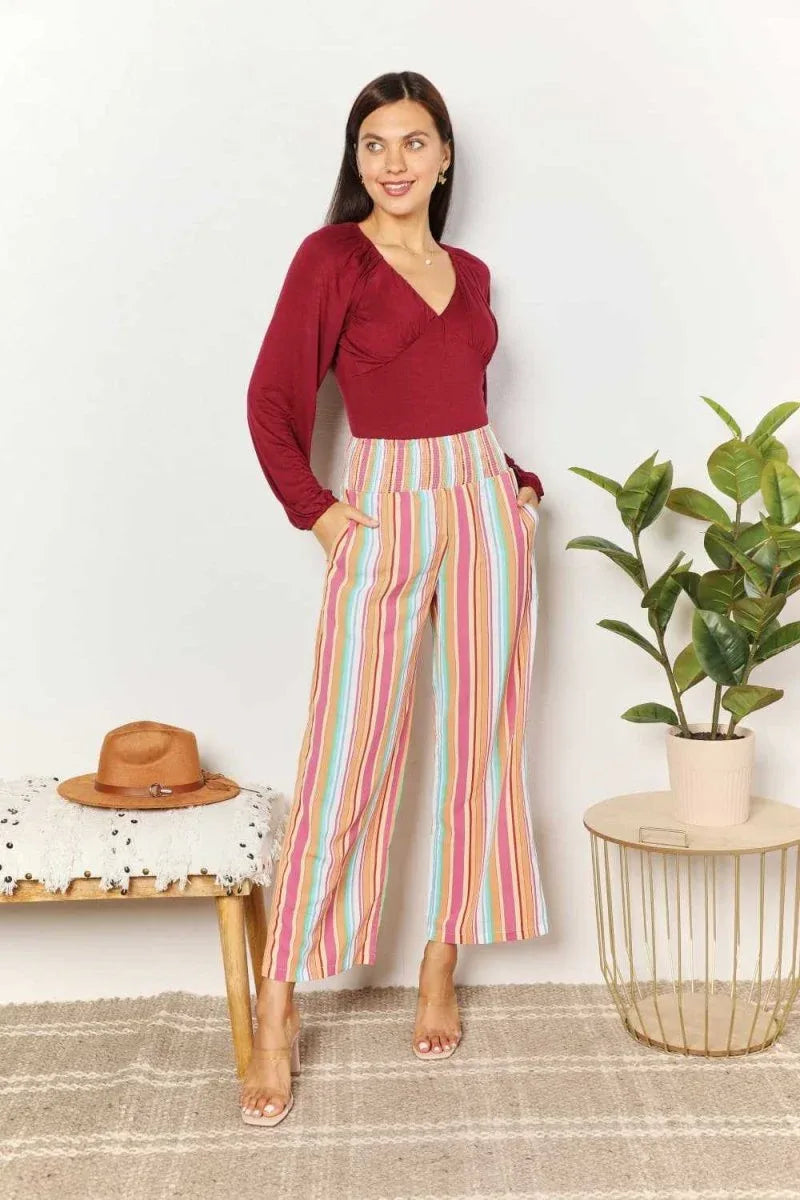 Double Take Striped Smocked Waist Pants with Pockets -- 