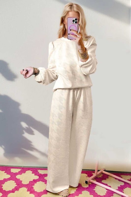 Double Take Texture Long Sleeve Top and Wide Leg Pants Set - Hopeford Streams