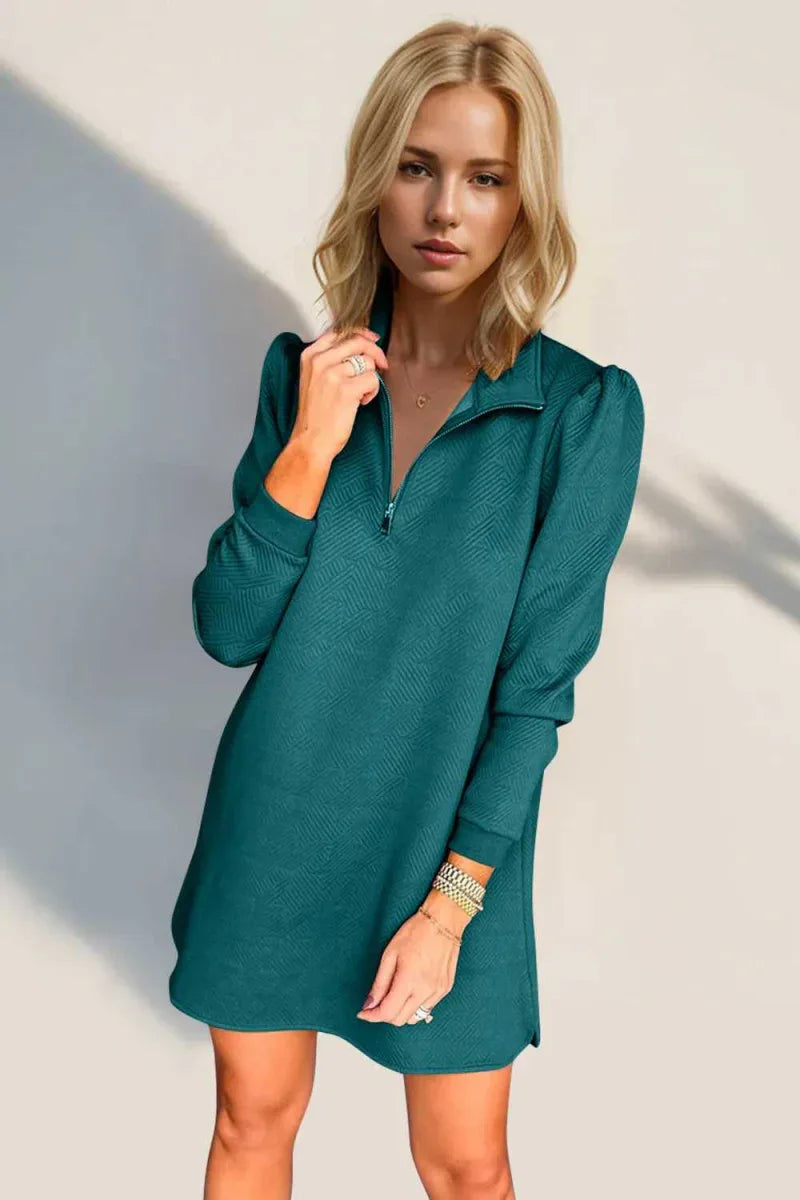 Double Take Textured Quarter Zip Long Sleeve Dress -- 