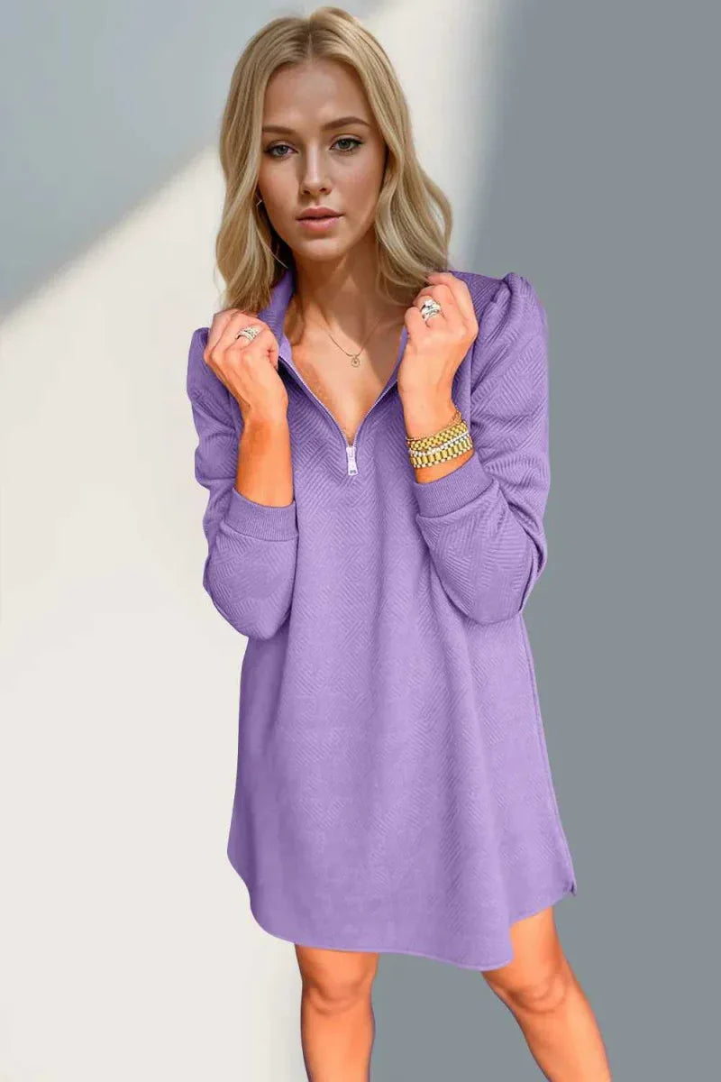 Double Take Textured Quarter Zip Long Sleeve Dress -- 