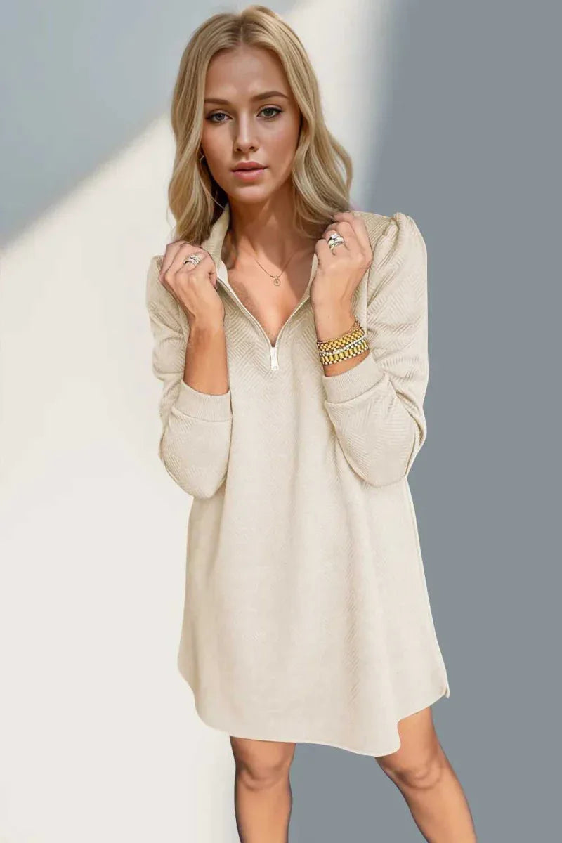Double Take Textured Quarter Zip Long Sleeve Dress -- 