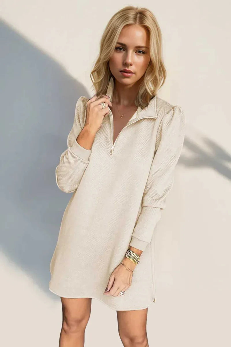 Double Take Textured Quarter Zip Long Sleeve Dress -- 