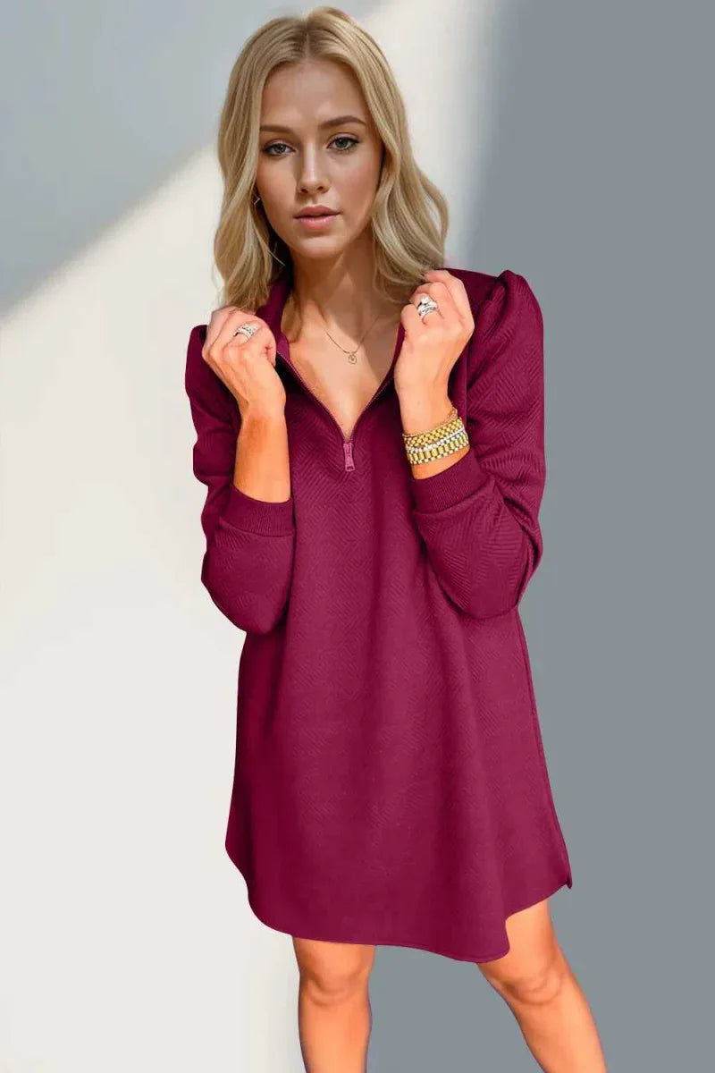 Double Take Textured Quarter Zip Long Sleeve Dress -- 