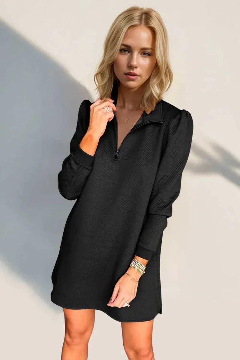 Double Take Textured Quarter Zip Long Sleeve Dress -- 