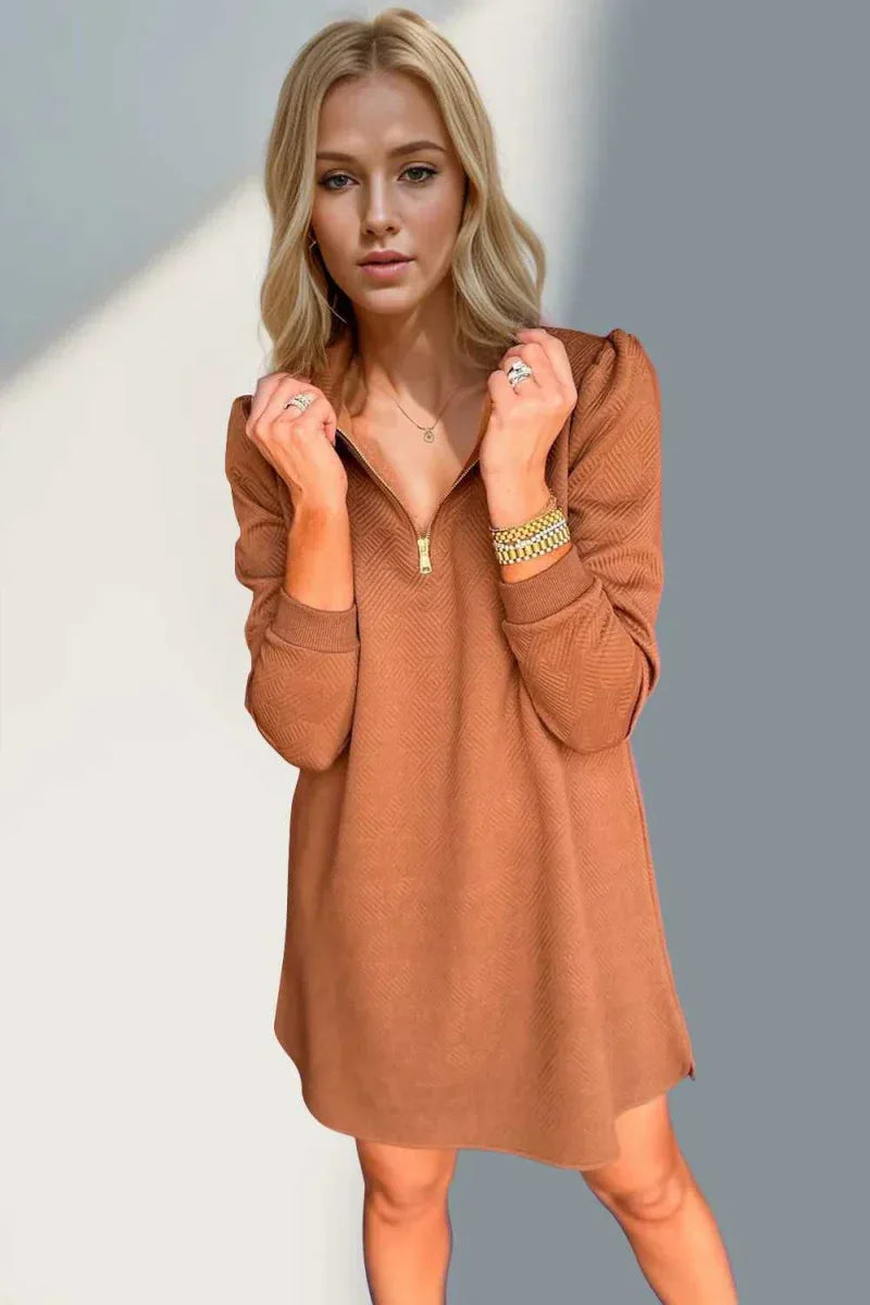 Double Take Textured Quarter Zip Long Sleeve Dress -- 