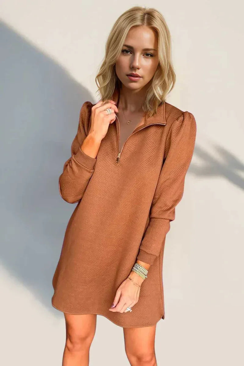 Double Take Textured Quarter Zip Long Sleeve Dress -- 