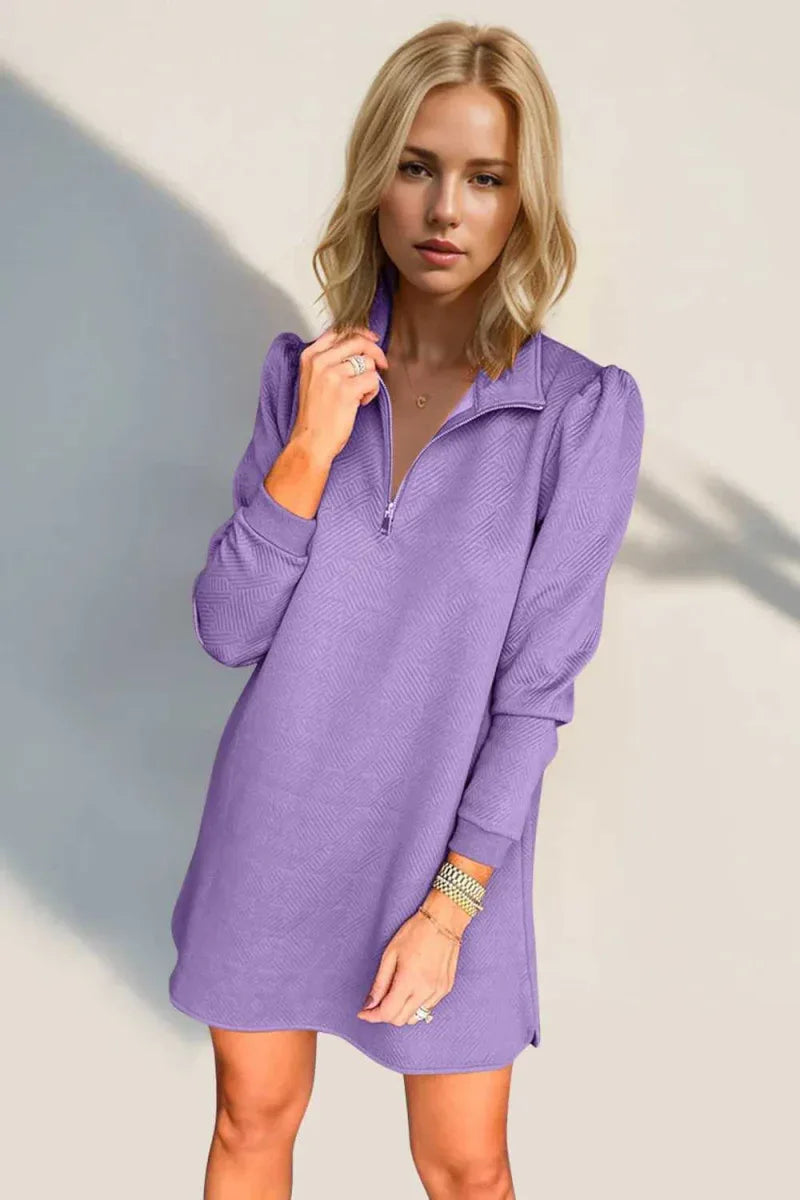 Double Take Textured Quarter Zip Long Sleeve Dress -- 