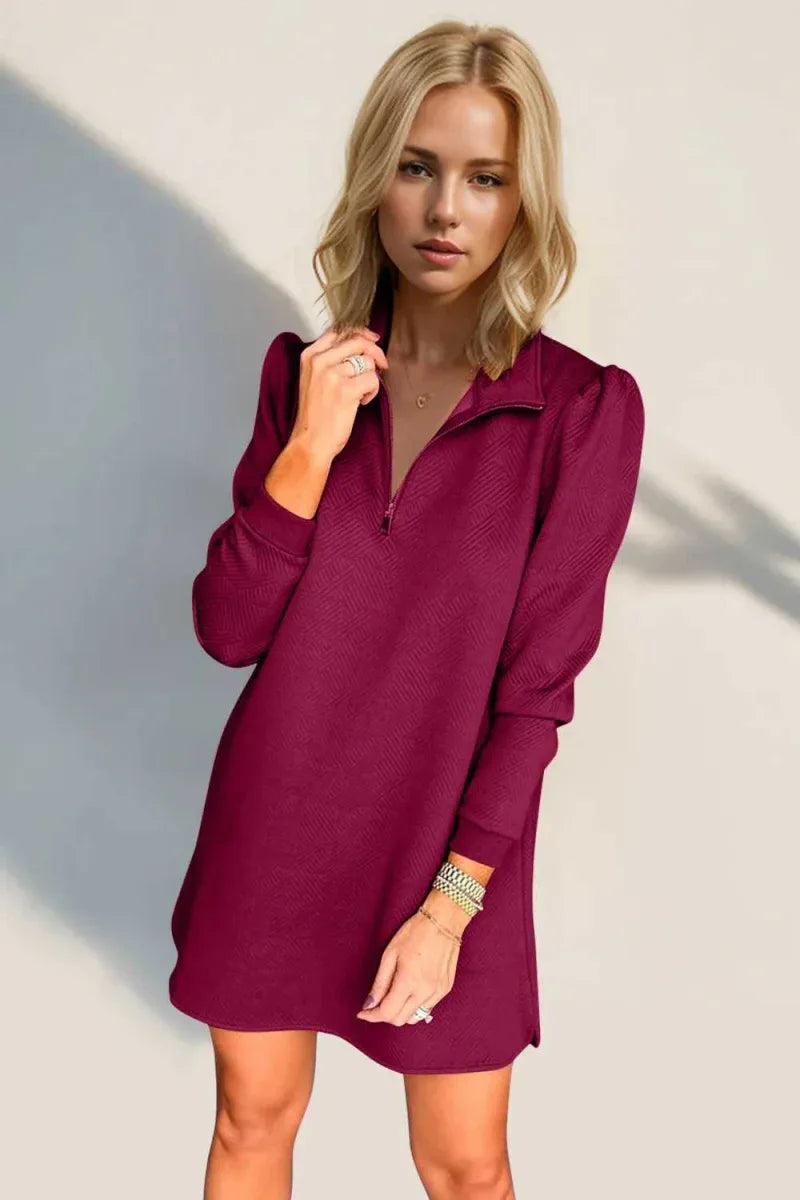 Double Take Textured Quarter Zip Long Sleeve Dress -- 