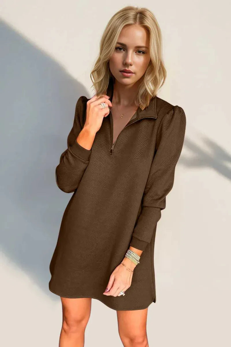 Double Take Textured Quarter Zip Long Sleeve Dress -- 