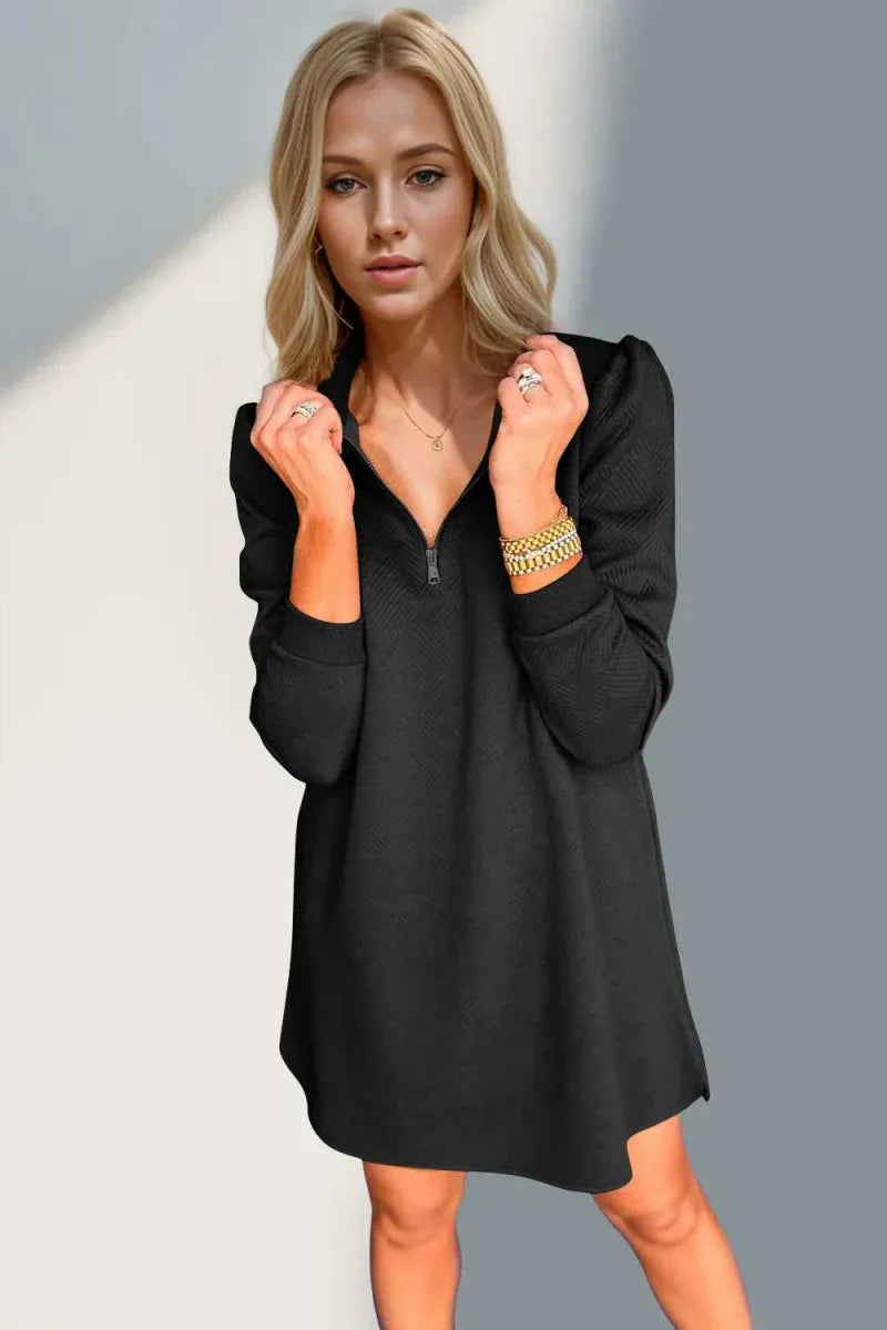 Double Take Textured Quarter Zip Long Sleeve Dress -- 
