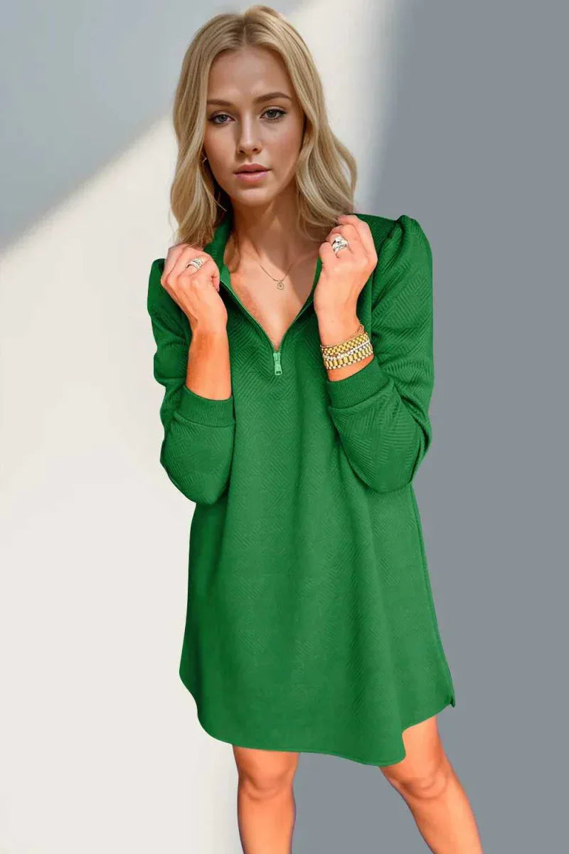 Double Take Textured Quarter Zip Long Sleeve Dress -- 