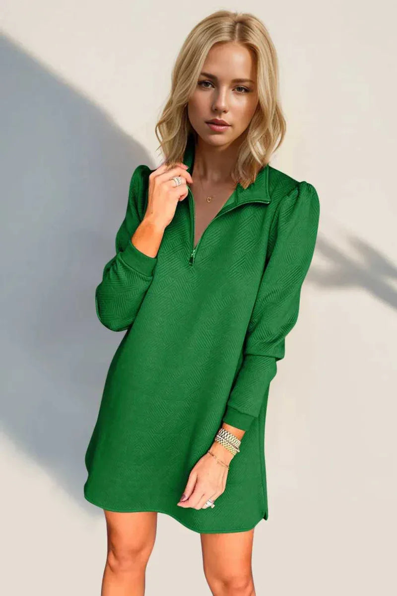 Double Take Textured Quarter Zip Long Sleeve Dress -- 
