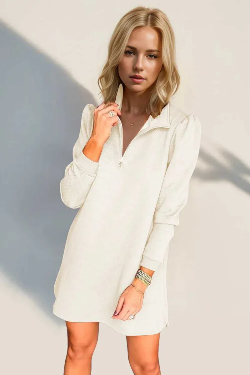 Double Take Textured Quarter Zip Long Sleeve Dress -- 
