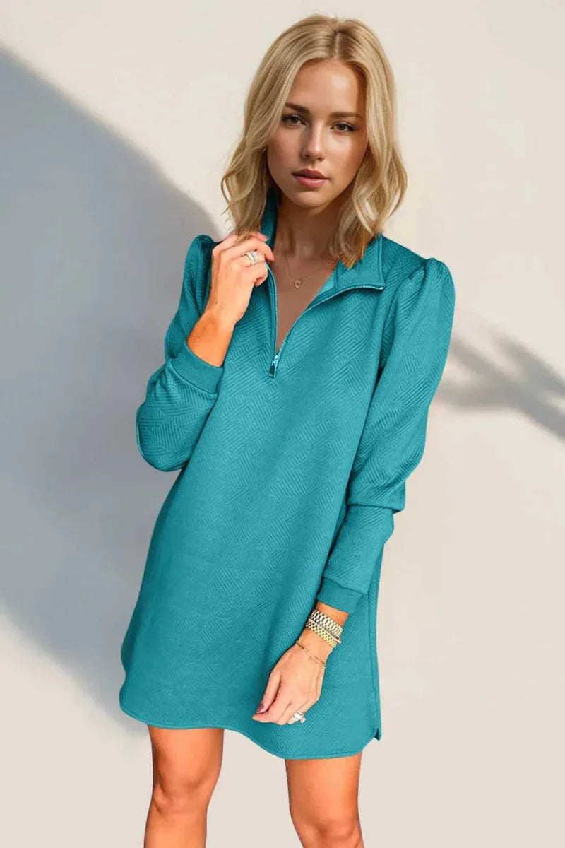 Double Take Textured Quarter Zip Long Sleeve Dress -- 