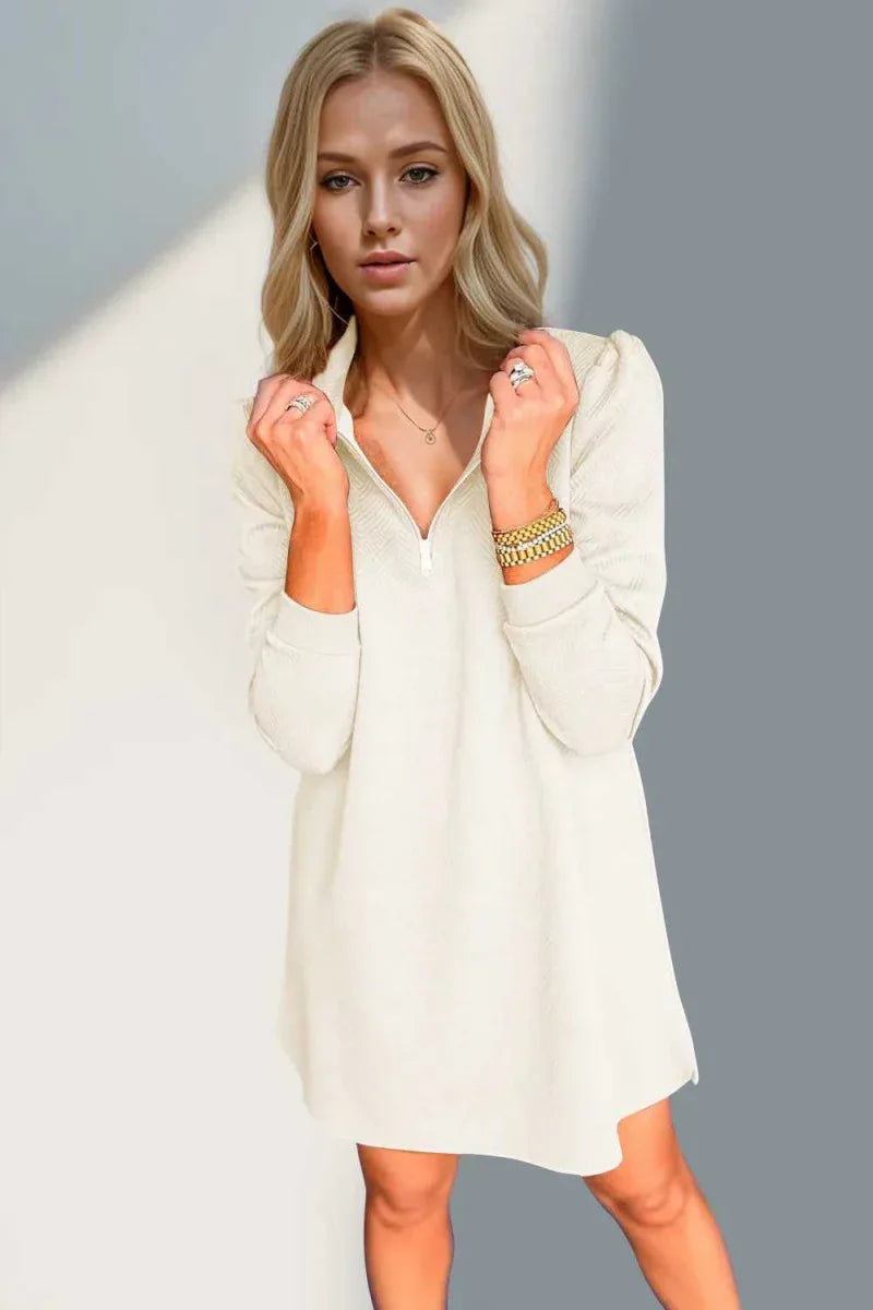 Double Take Textured Quarter Zip Long Sleeve Dress -- 