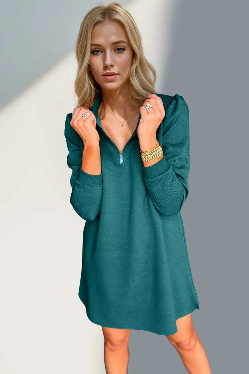 Double Take Textured Quarter Zip Long Sleeve Dress -- 