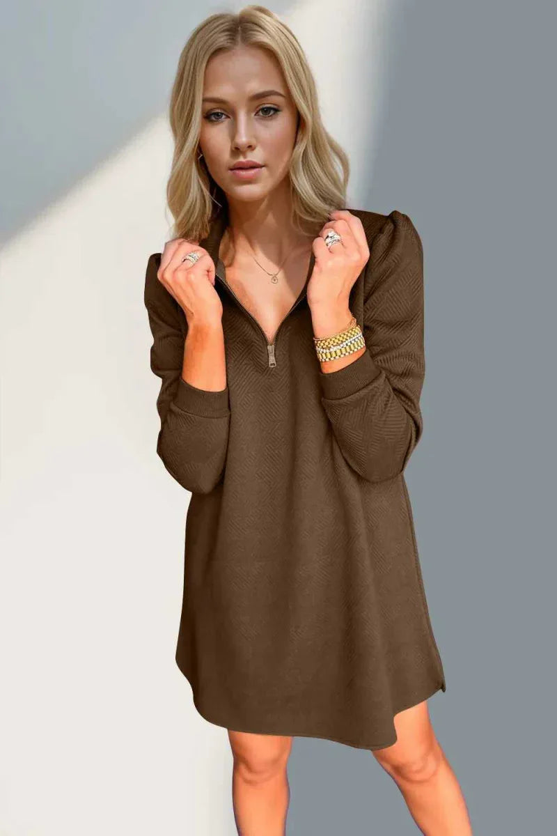 Double Take Textured Quarter Zip Long Sleeve Dress -- 