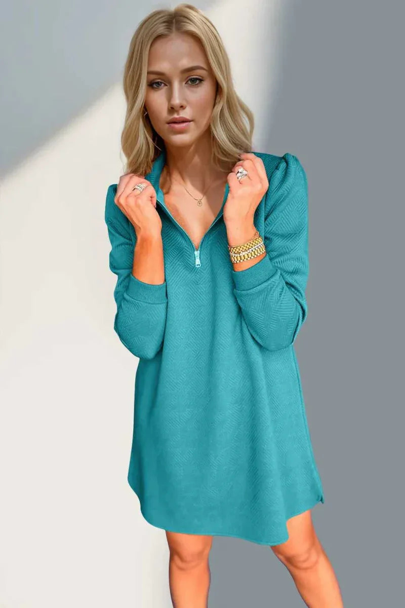 Double Take Textured Quarter Zip Long Sleeve Dress -- 