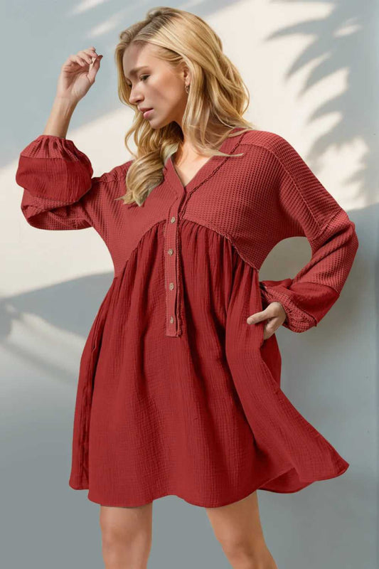 Double Take Waffle - Knit Contrast Half Button V - Neck Long Sleeve Mini Dress - Hopeford Streams