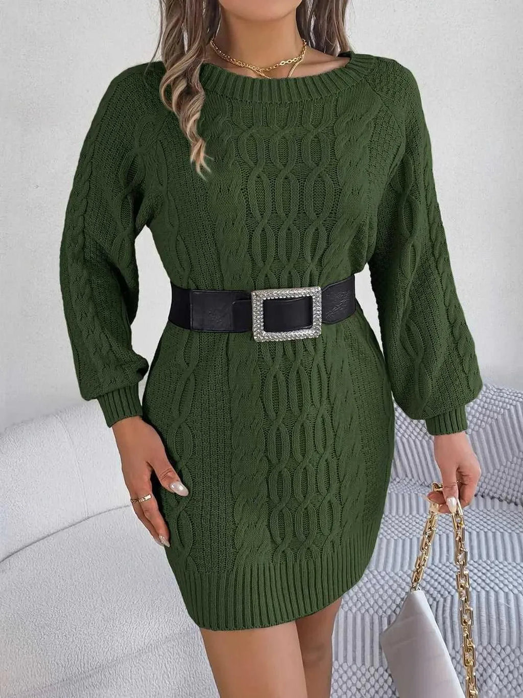 Cable-Knit Round Neck Sweater Dress -- 