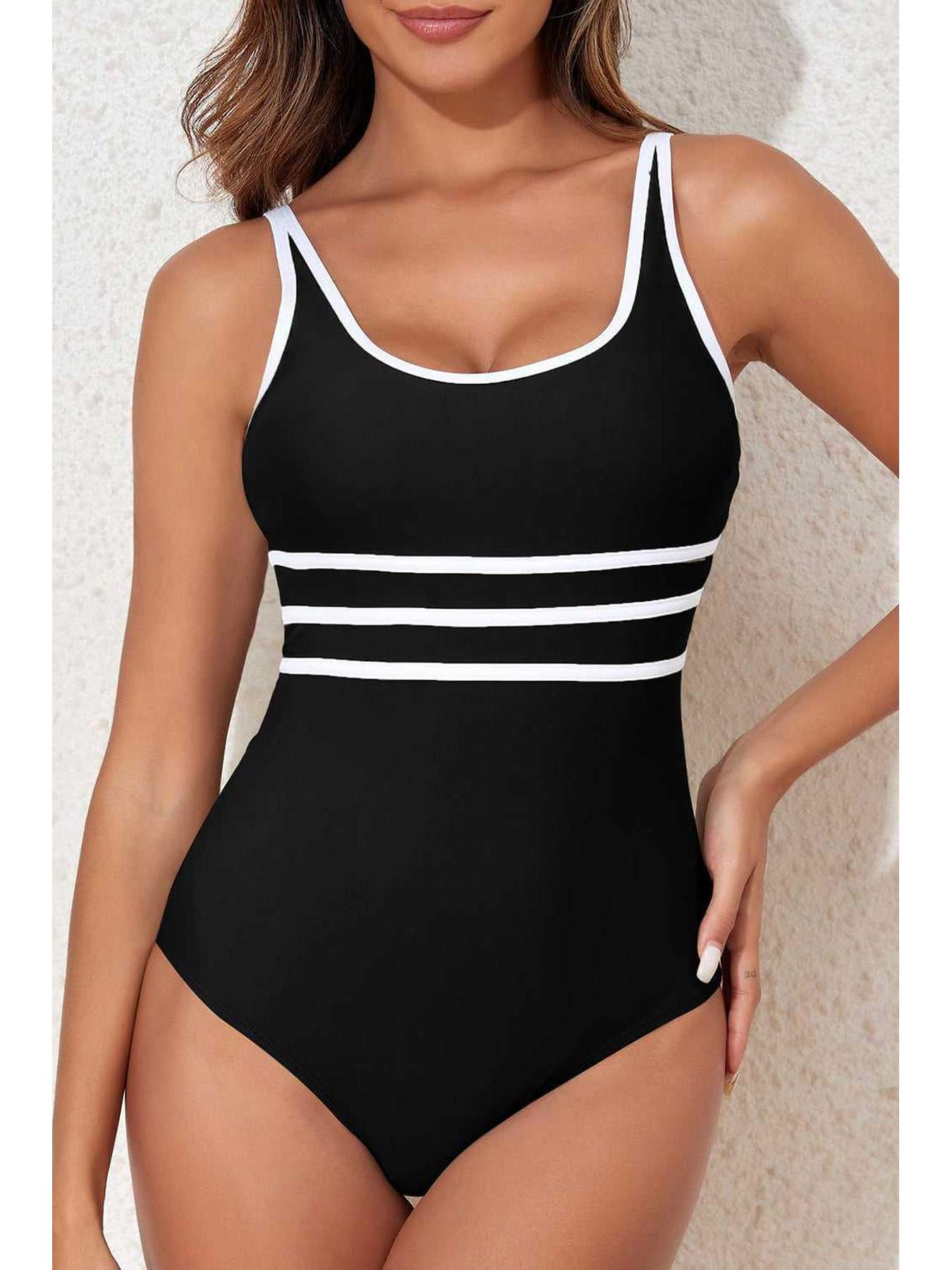 Contrast Trim Scoop Neck One-Piece Swimwear -- 