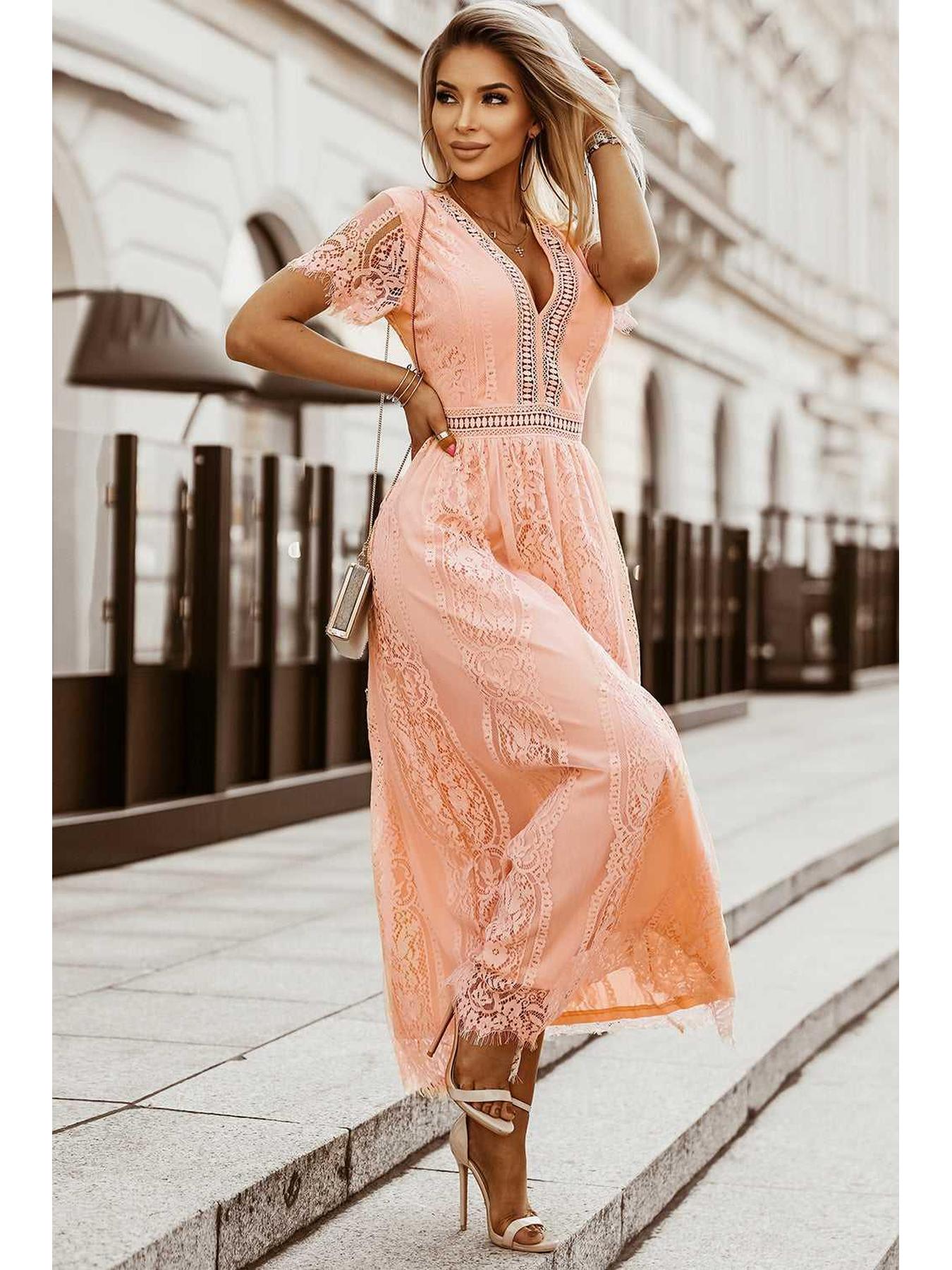 Scalloped Trim Lace Plunge Dress -- 