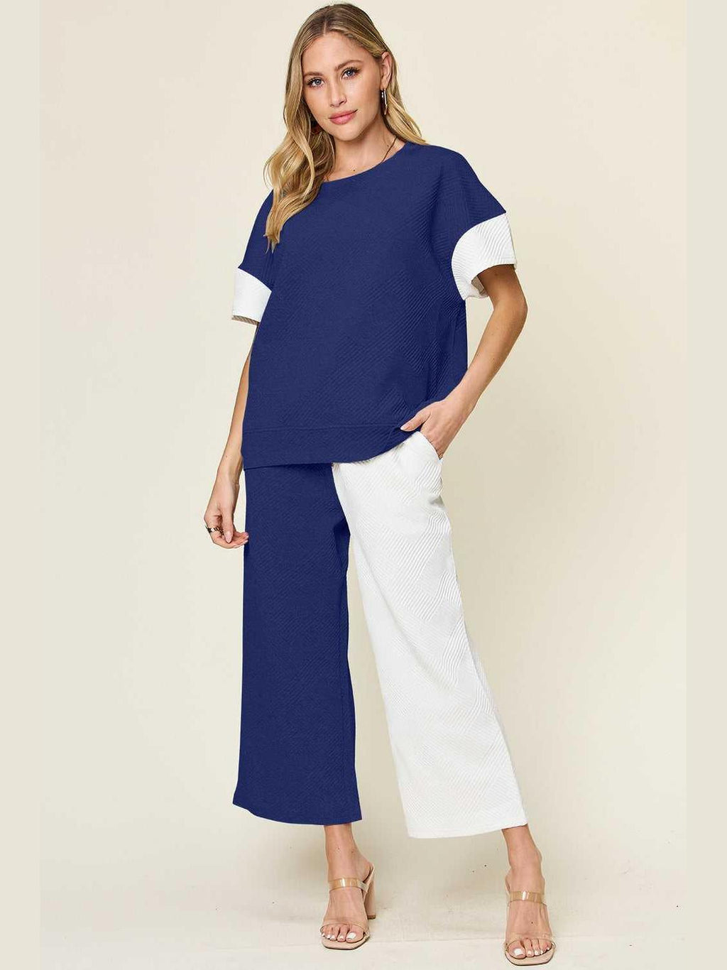 Double Take Full Size Texture Contrast T-Shirt and Wide Leg Pants Set -- 