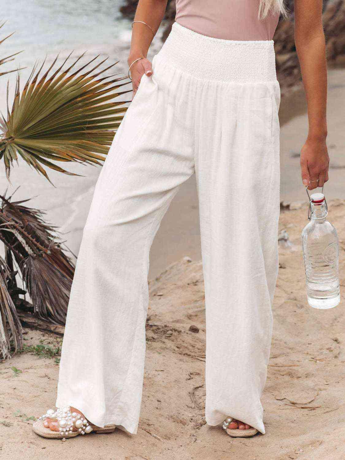 Full Size Smocked Waist Wide Leg Pants -- 