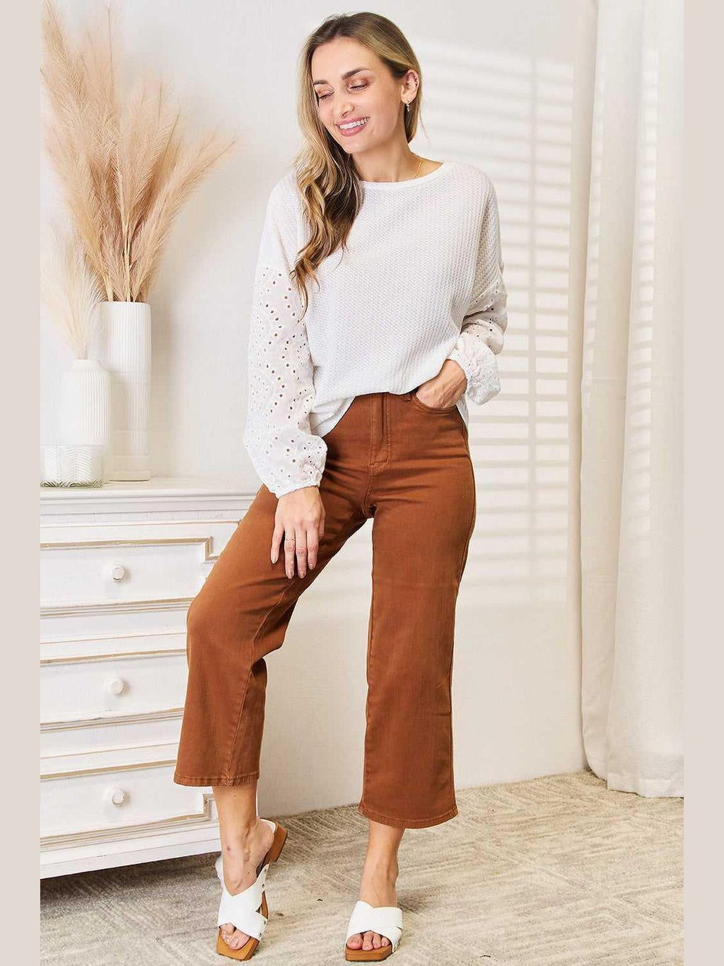Shiny Eyelet Dropped Shoulder Round Neck Blouse -- 