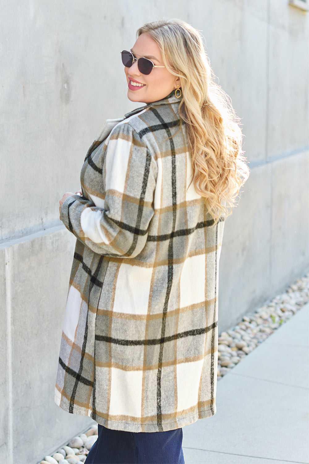 Double Take Full Size Plaid Button Up Lapel Collar Coat -- 