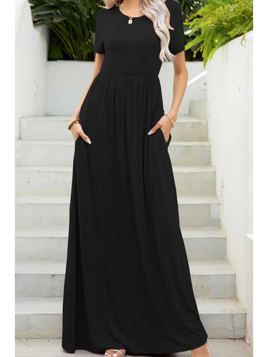 Round Neck Maxi Tee Dress with Pockets -- 