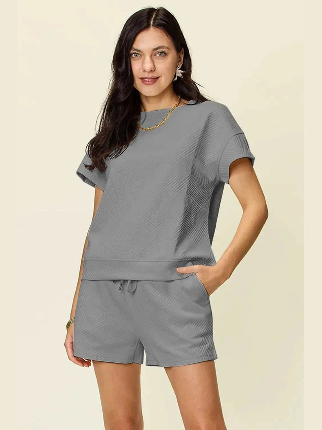 Double Take Full Size Texture Short Sleeve T-Shirt and Drawstring Shorts Set -- 