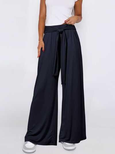 Tied Wide Leg Pants with Pockets -- 