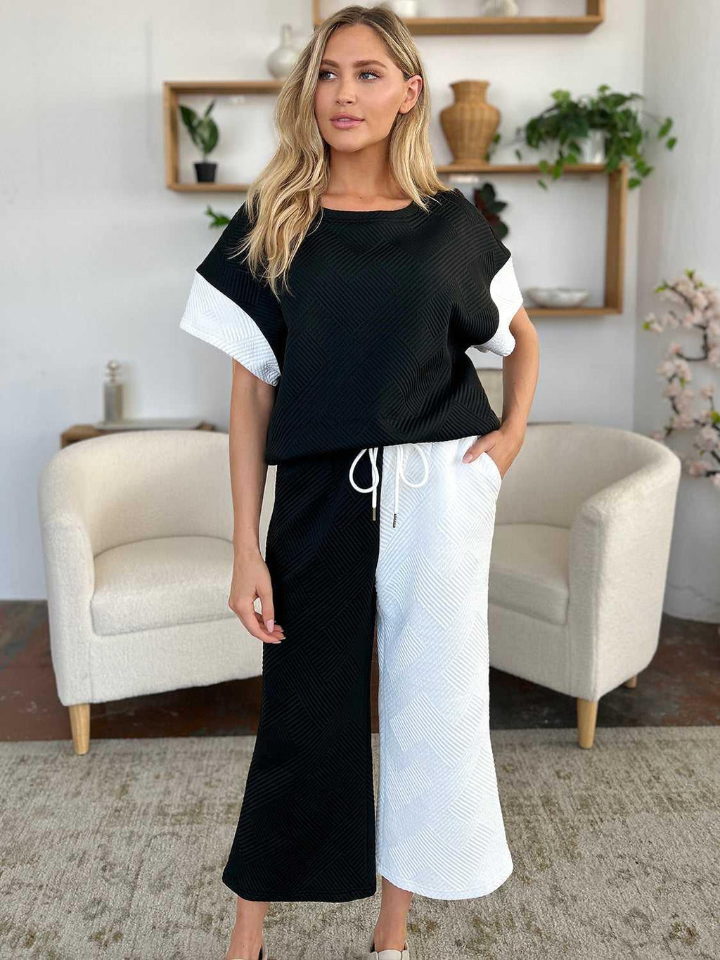 Double Take Full Size Texture Contrast T-Shirt and Wide Leg Pants Set -- 
