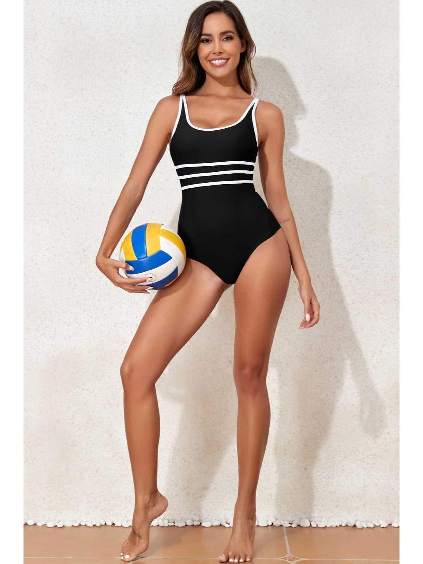 Contrast Trim Scoop Neck One-Piece Swimwear -- 