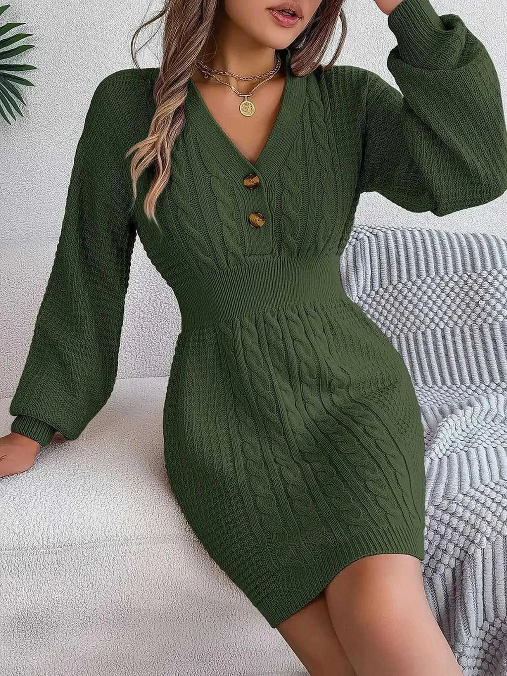 Buttoned Cable-Knit V-Neck Sweater Dress -- 