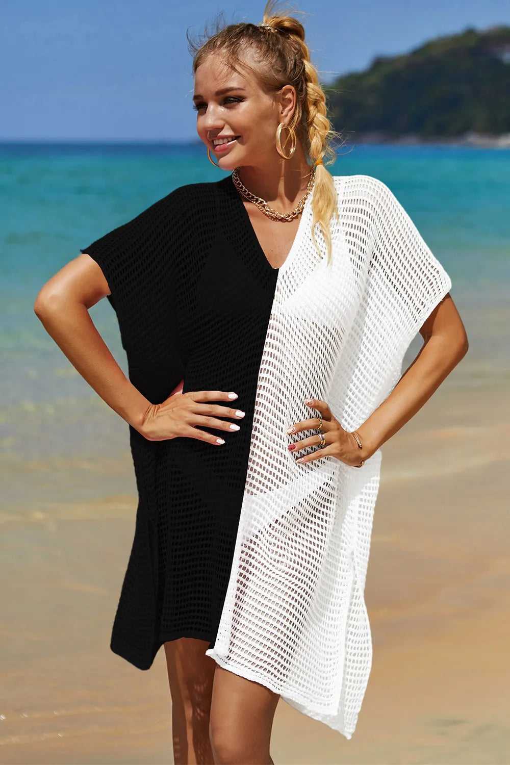 Angel Wings Openwork Contrast Slit Knit Cover Up