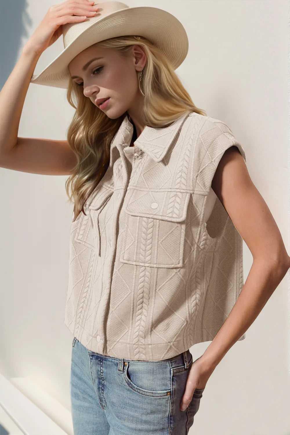 Double Take Snap Down Texture Crop Vest -- 