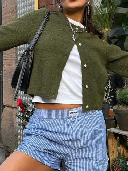 Button-Up Cropped Sweater Cardigan