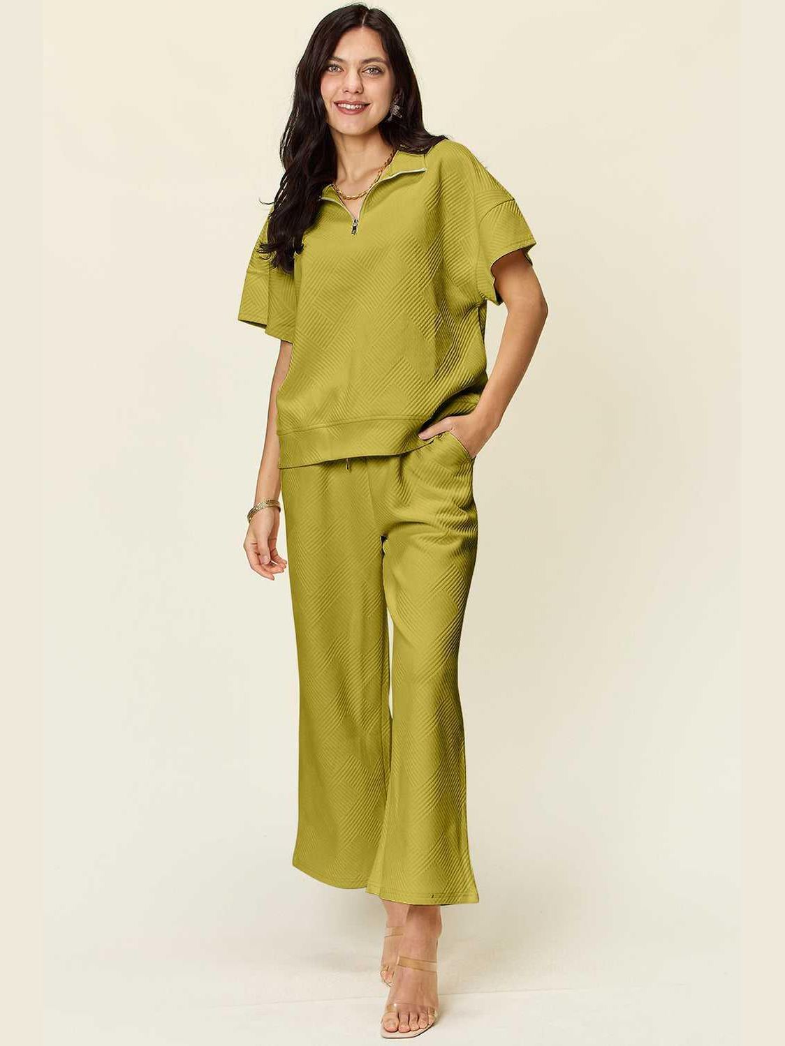 Double Take Full Size Texture Half Zip Short Sleeve Top and Pants Set -- 