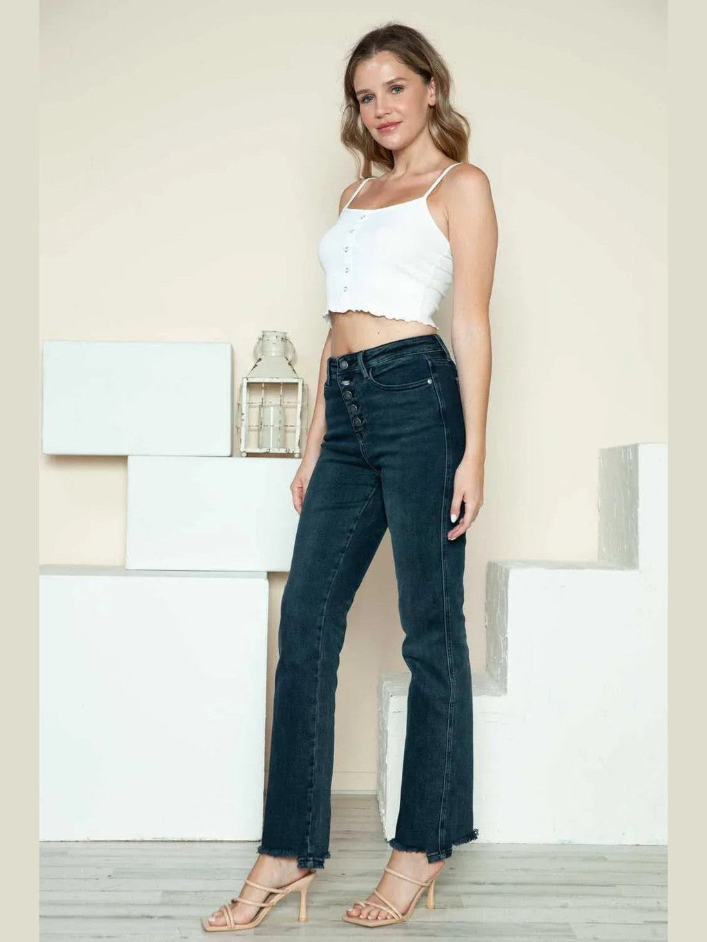 Judy Blue Full Size Button Fly Hem Destroy Straight Jeans -- 