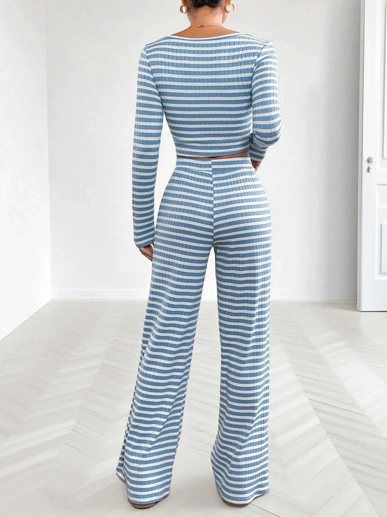 Striped Square Neck Long Sleeve Top and Pants Lounge Set -- 